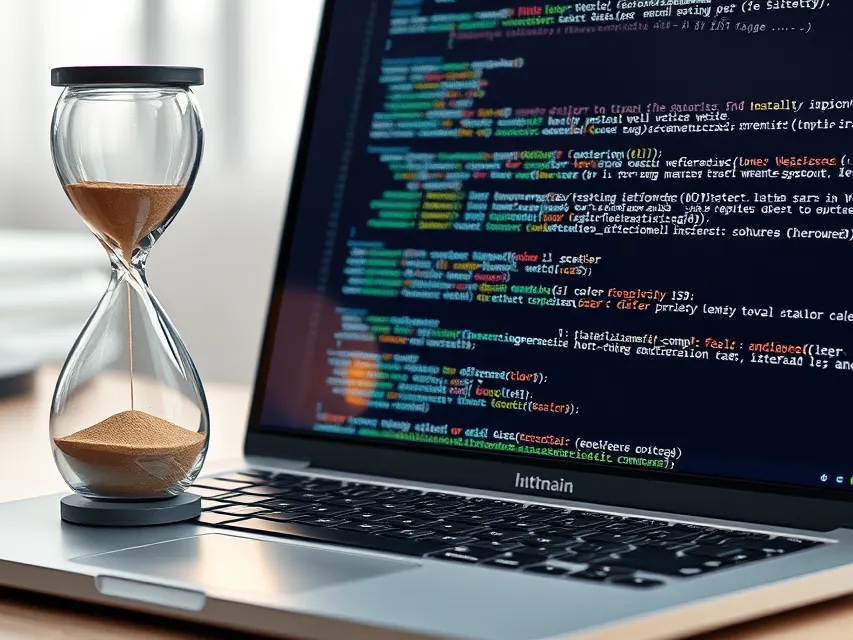 un ordinateur portable avec un gros sablier sur le clavier